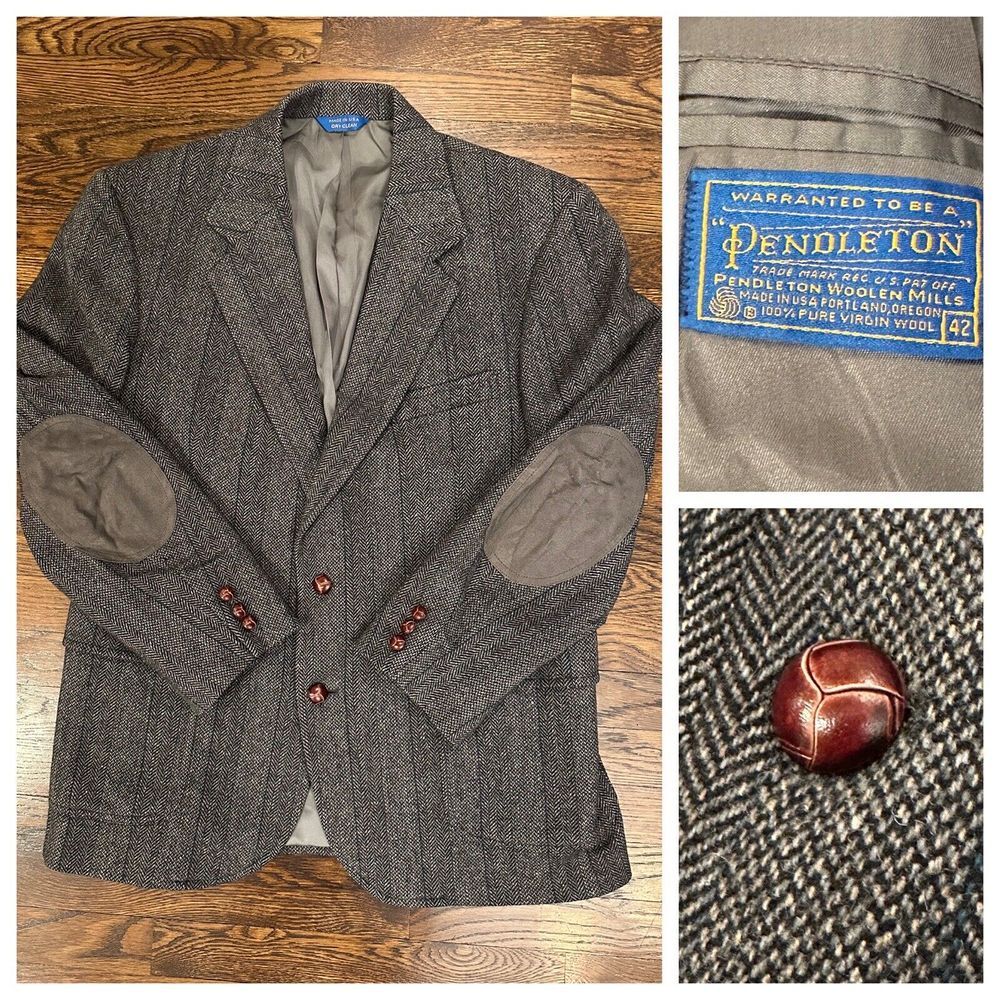 Pendleton‎ Tweed Herringbone 100% Wool Sport Coat / Blazer - 42 Elbow Patches